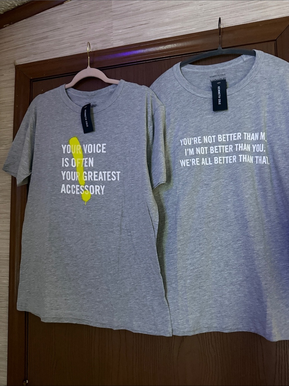 Kenneth Cole Voice Wear Grey Graphic Tees with White Text and Yellow Accent